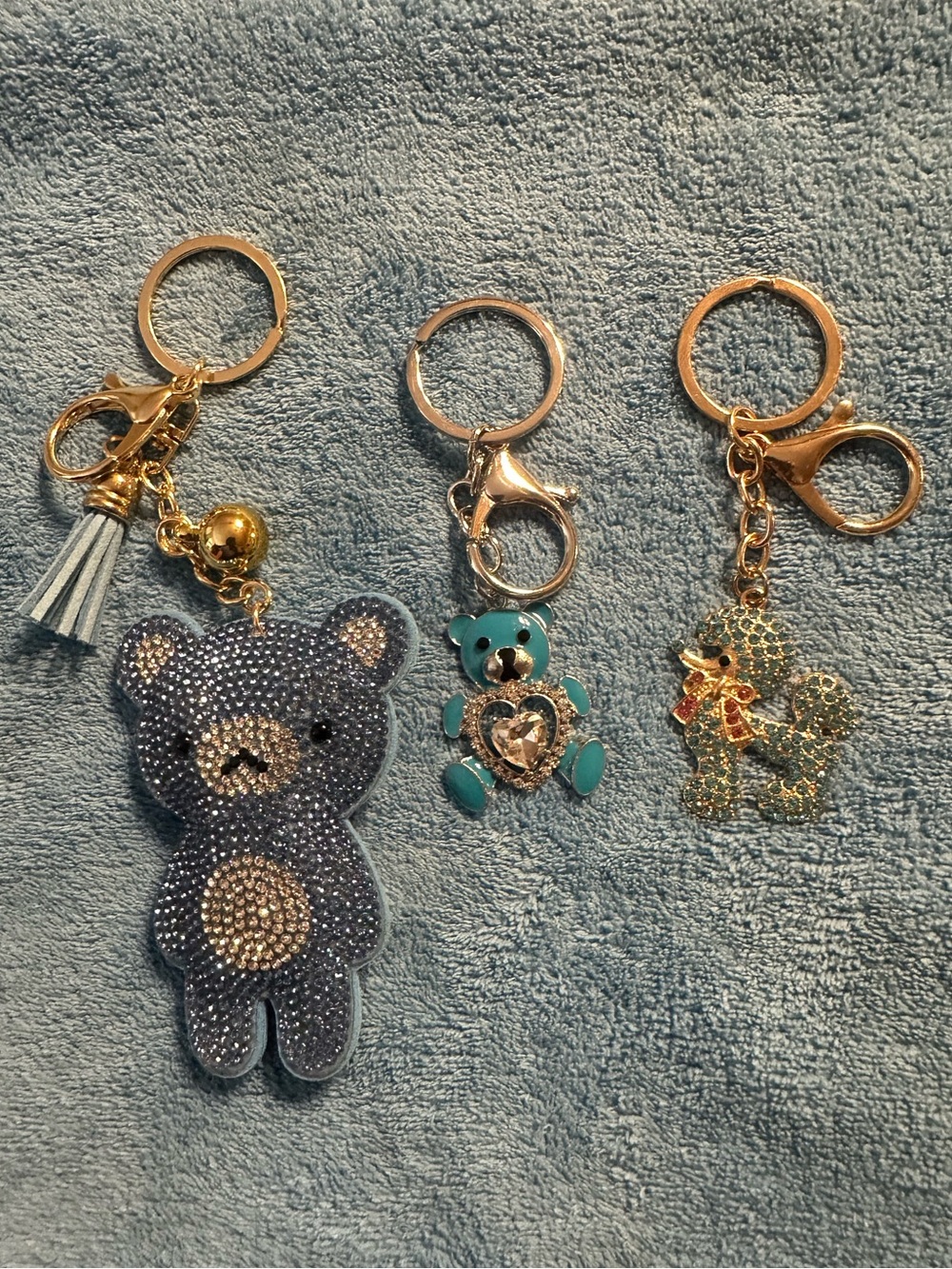 Fashion Blue Rhinestone Bear Keychain Gold Hardware